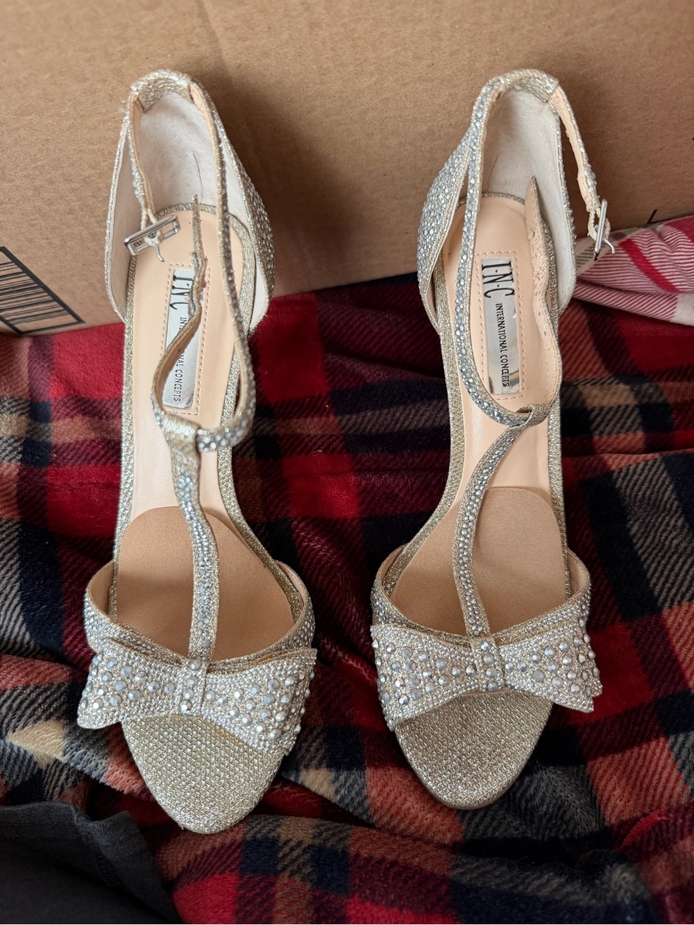 INC International Concepts Champagne Rhinestone Bow T-Strap Heels